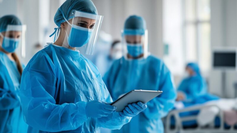 Healthcare professionals in protective gear monitor patient health in a modern clinic during daytime