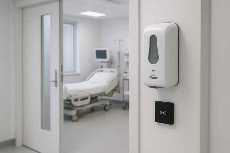A professional stock photo of a hospital hallway with an automatic hand sanitizer dispenser and electronic sensor near a patient room, illustrating advanced hand hygiene monitoring technology for infection control.