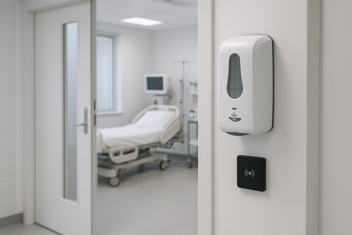 A professional stock photo of a hospital hallway with an automatic hand sanitizer dispenser and electronic sensor near a patient room, illustrating advanced hand hygiene monitoring technology for infection control.