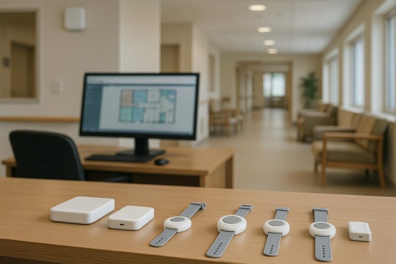 A modern senior living facility interior displaying wearable RTLS sensor devices and digital monitoring equipment, illustrating technology use for resident safety and operational efficiency.