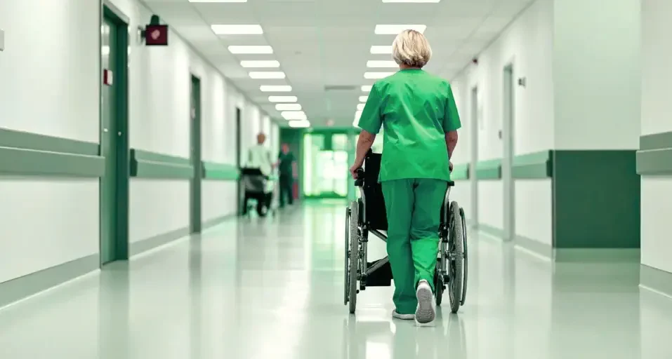 Nurse helping a person in wheelchair move around in the hospital